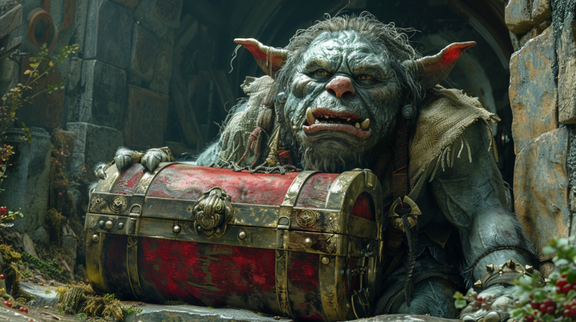 Patent troll holding treasure chest