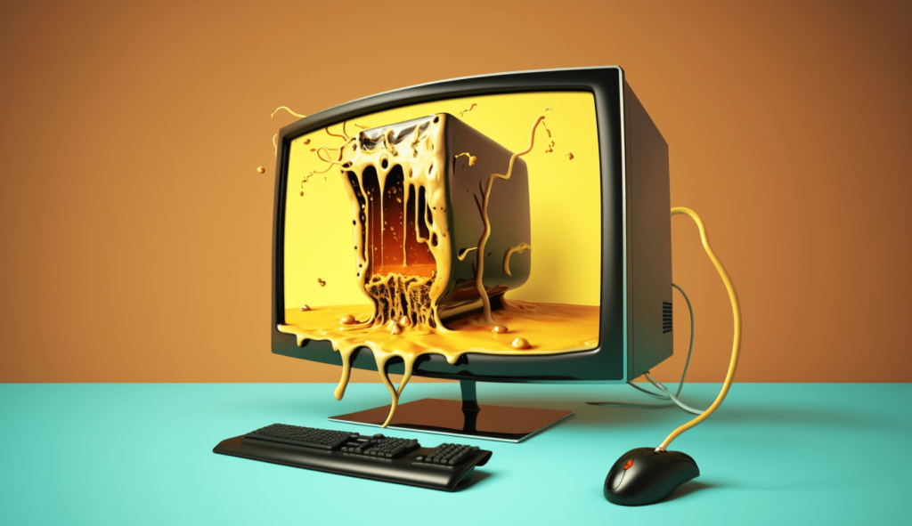 Creative painting of computer melting on desk
