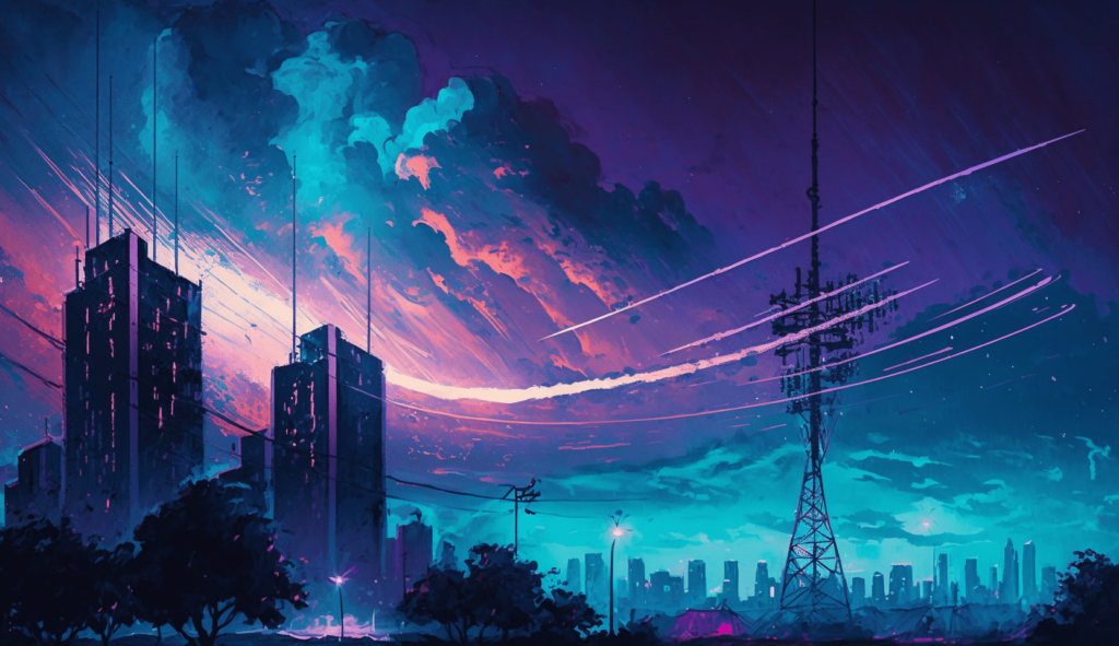 Painting of night sky over city, with 5G cell tower signals