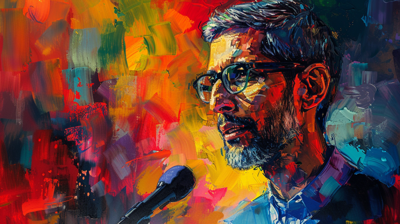 Google CEO, Sundar Pichai, speaking to congress - gouache painting