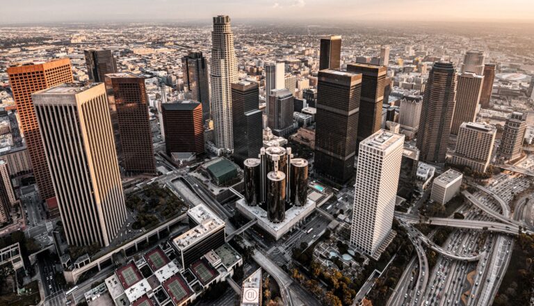 Beautiful view at Downtown Los Angeles during the helicopter flight at sunset.