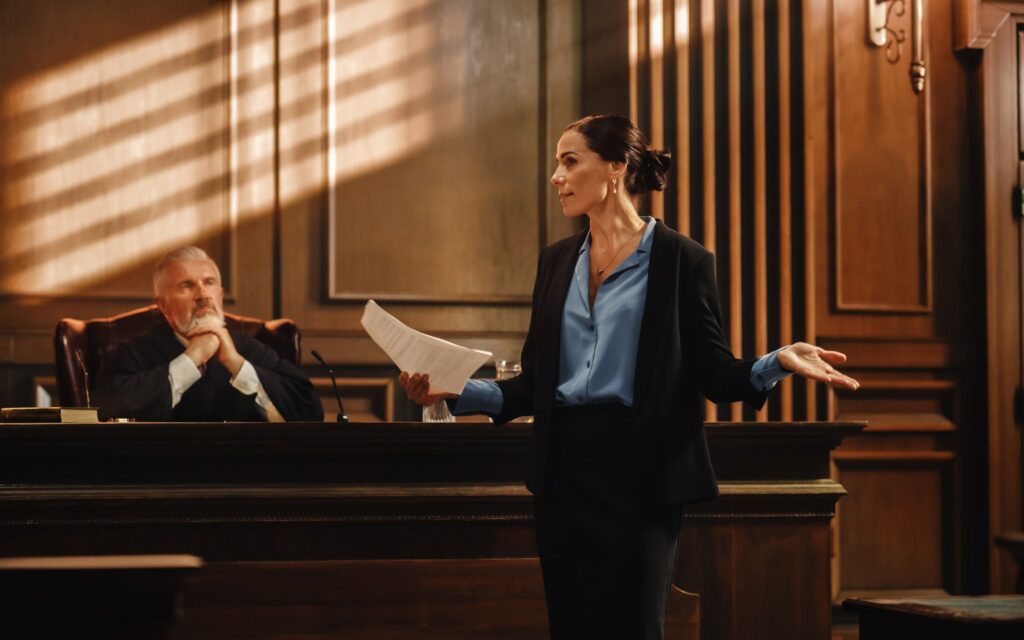 Court of Justice and Law Trial: Successful Female Prosecutor Presenting the Case