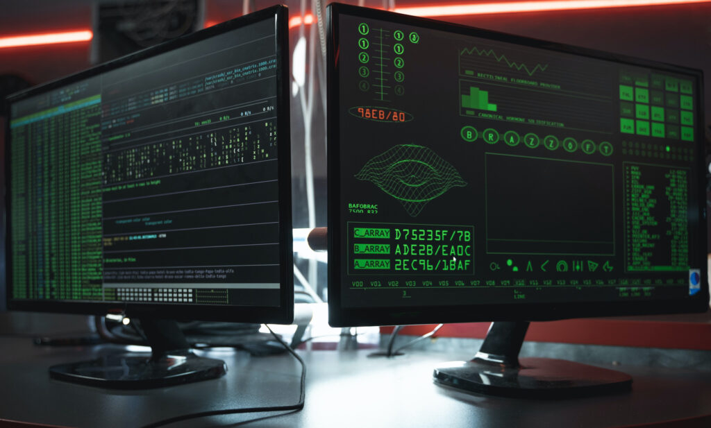 Computer monitors display cybersecurity software