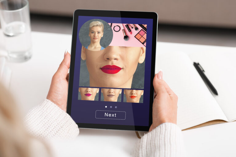 Woman Using Lipstick Color Makeup Simulation App On Digital Tablet, Browsing Beauty Application With Augmented Reality Option Online, Creative Collage
