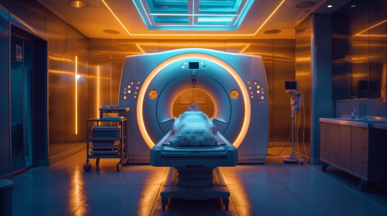 MRI machine scanning patient in hospital room using AI inference