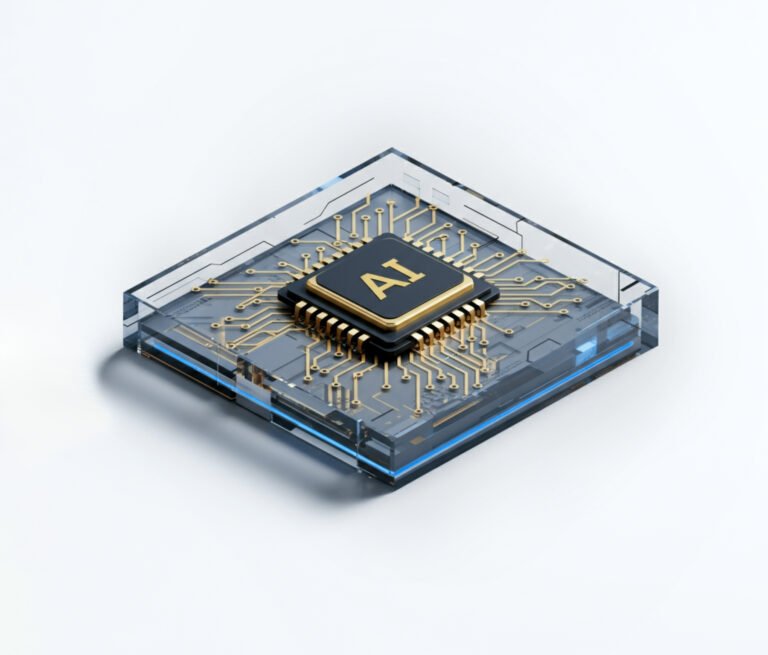 Isometric rendering of a computer chip for artificial intelligence integration.
