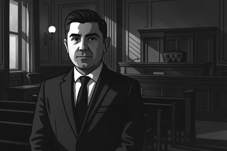 digital illustration of Mahdi Eslamimehr appearing in a courtroom