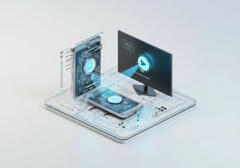 Isometric rendering depicting how a smartphone casts a signal to a TV