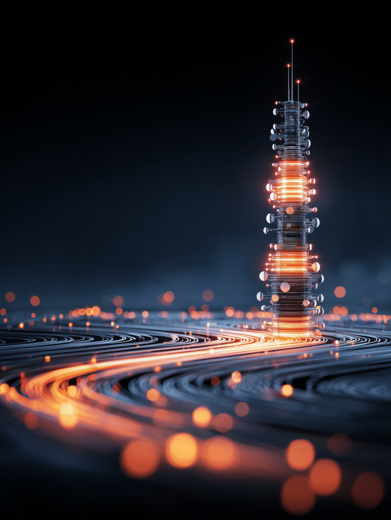 abstract rendering of a broadband communications tower transmitting data