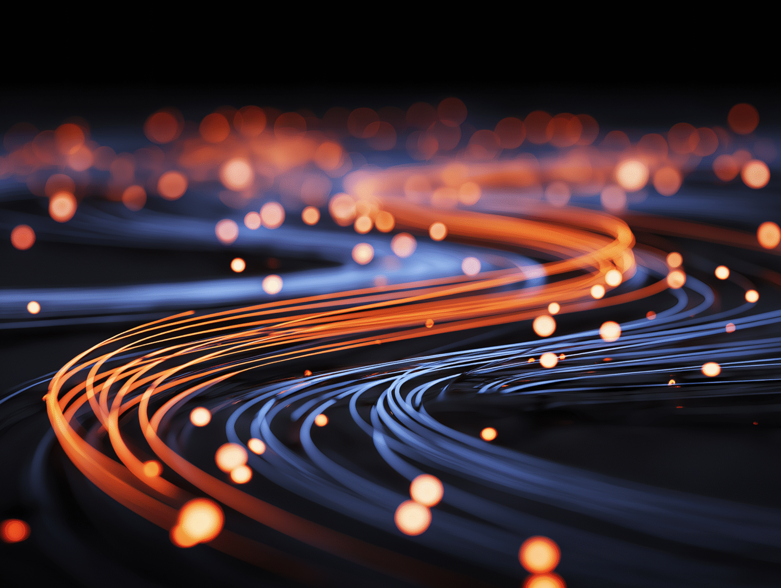 abstract rendering of fiber-optic cables transmitting digital information