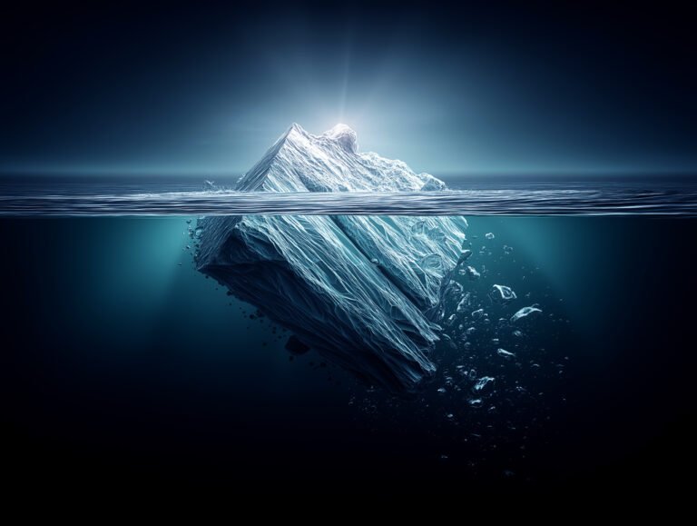 A view of an iceberg that is mostly submerged revealing the danger that lies beneath the surface.