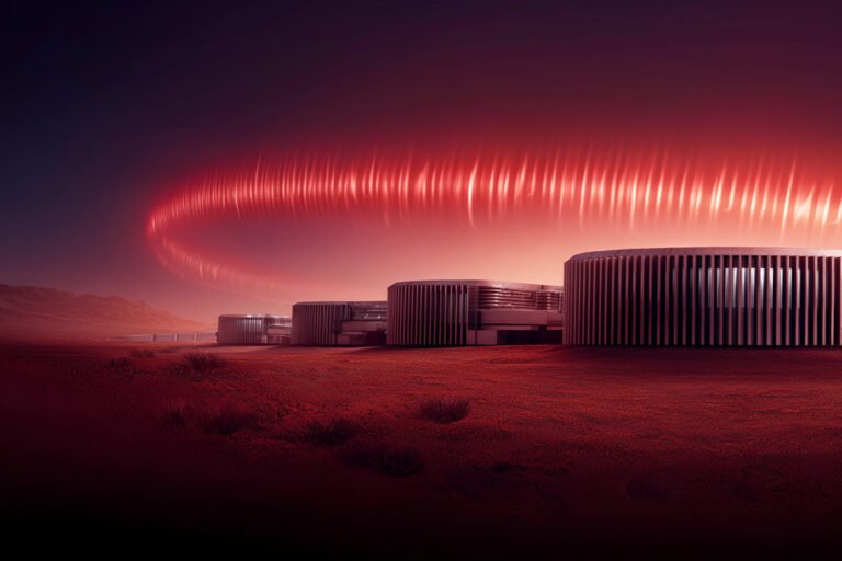 an electronic shockwave appears above a data center