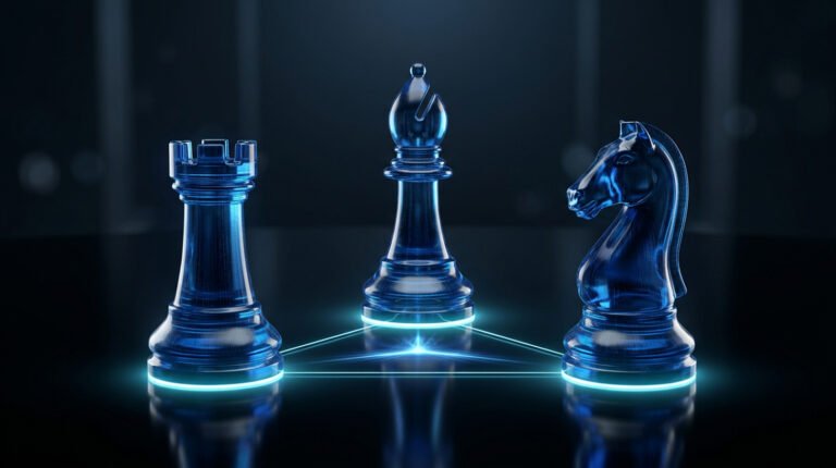 Three chess pieces arranged in a triangle, showing interconnectivity.