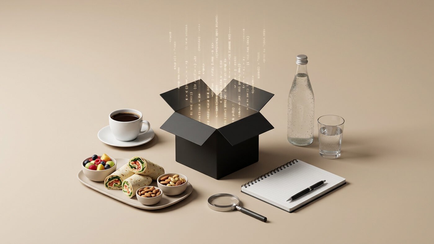 A black box of source code surrounded by snacks, beverages, and notepad.
