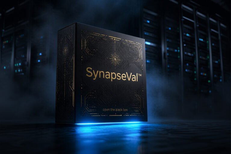 SynapseVal™ software valuation framework represented as a premium black box product package, symbolizing transparent, defensible software valuation.