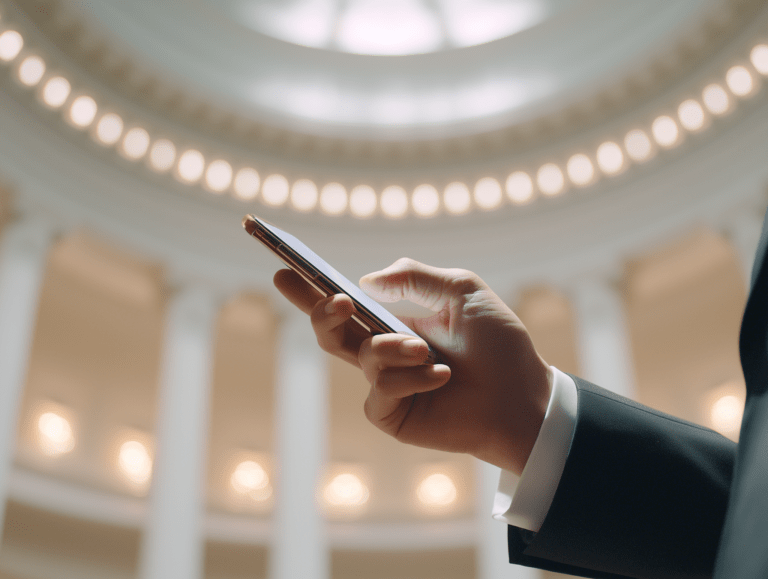 Holding a gold-plated smartphone inside of a government building