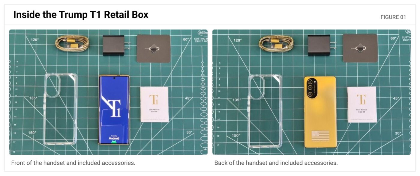 Front and back views of the gold Trump T1 smartphone with its case, charging cable, power adapter, and user manual.