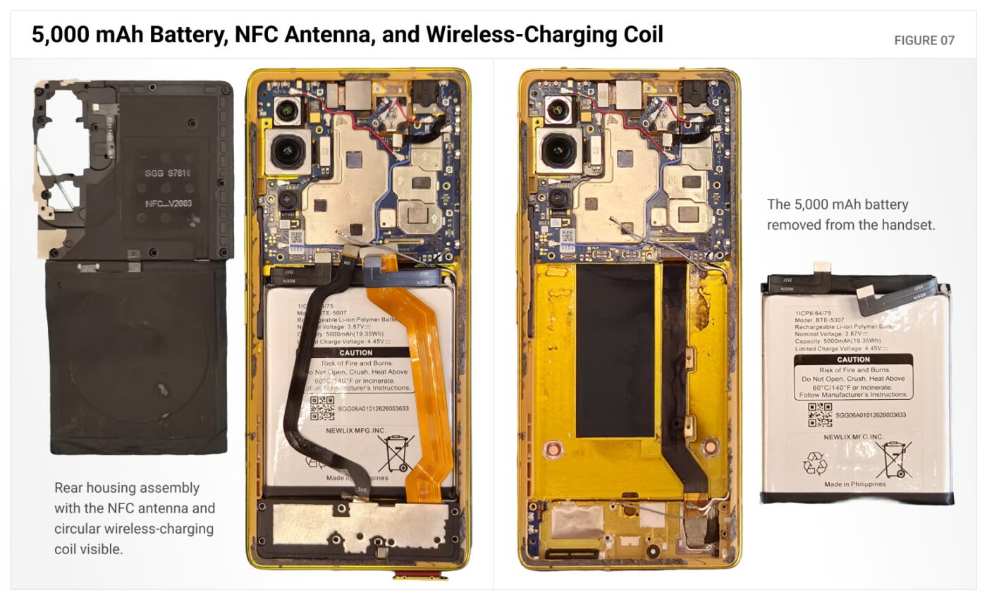 Disassembled Trump T1 showing the 5,000 mAh battery, rear housing with NFC antenna and circular wireless-charging coil, and internal chassis.