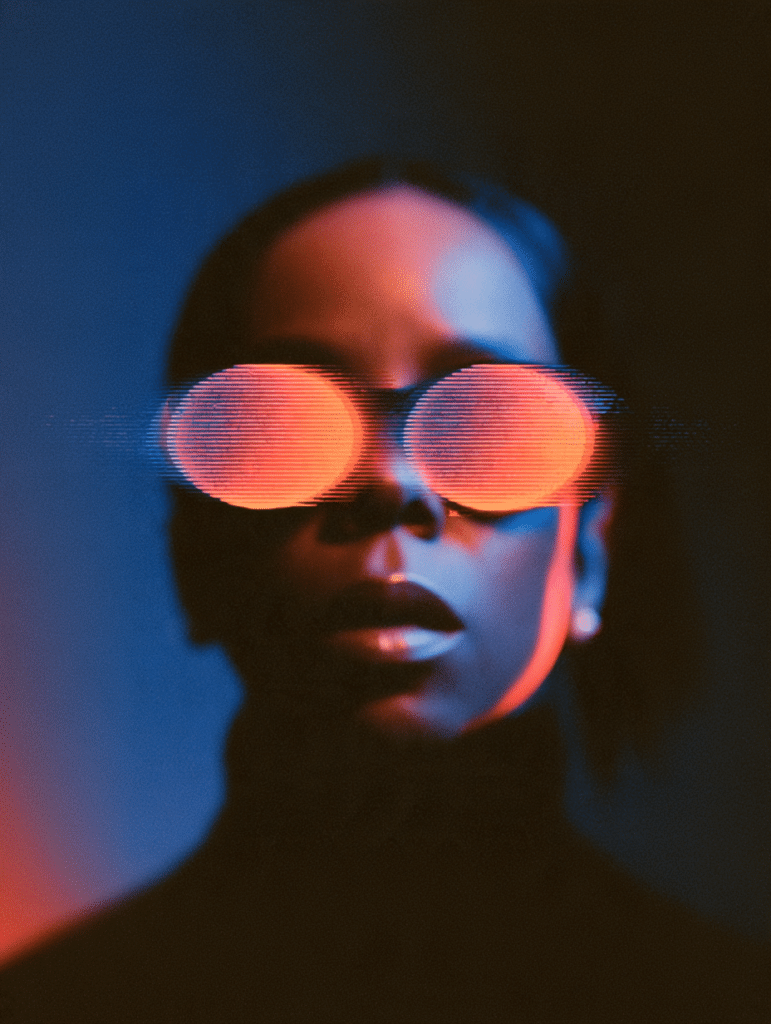 portrait of a person wearing augmented reality eyeglasses with RGB-shift distortion