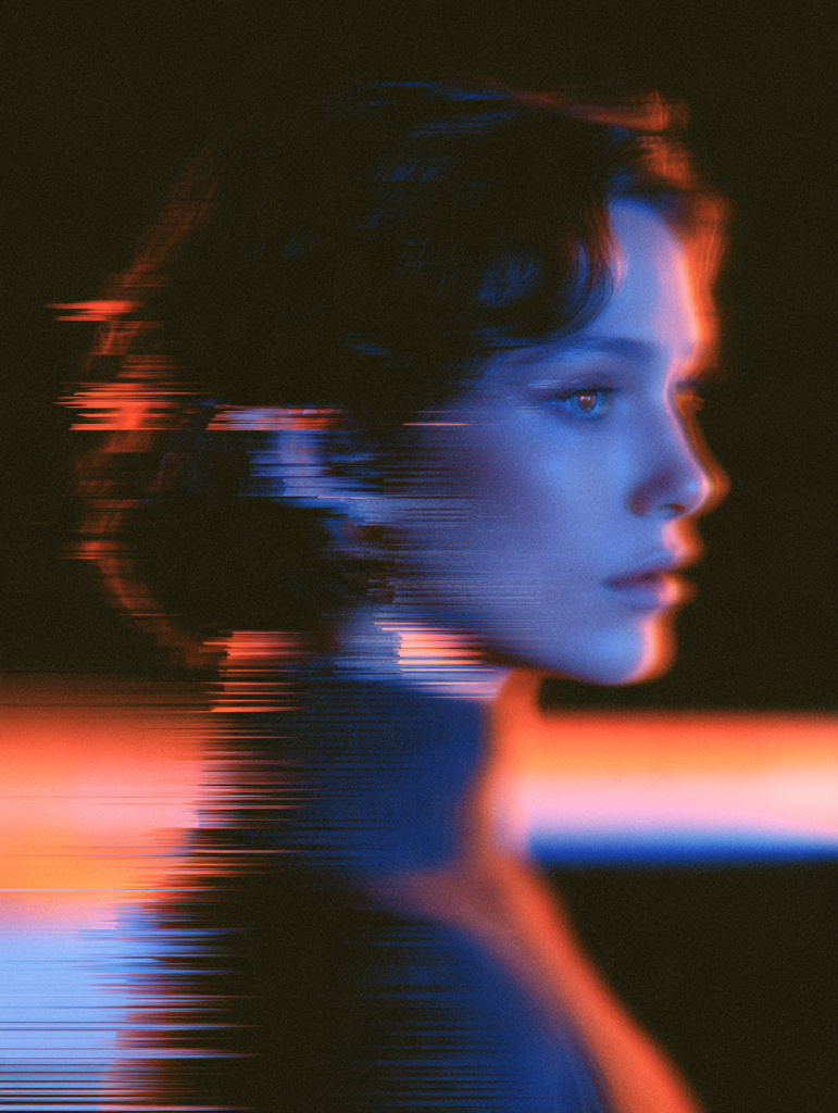 portrait of a woman partially transformed by horizontal digital distortion
