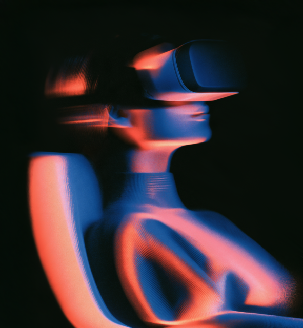 person wearing virtual reality goggles with RGB-shift distortion