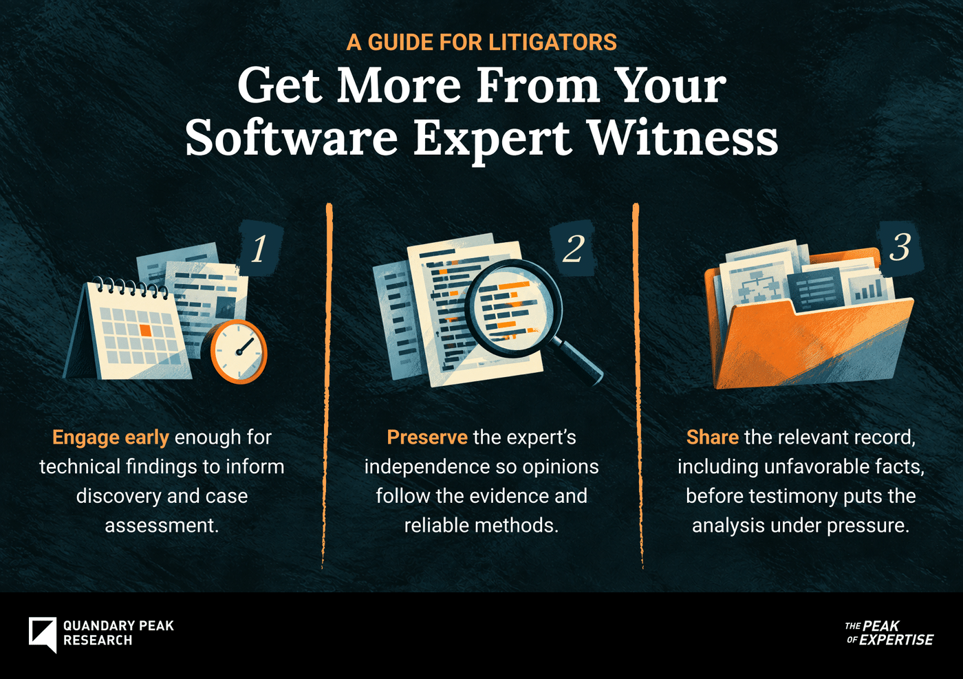 Three tips for working with a software expert witness: engage early, preserve independent analysis, and share relevant evidence, including unfavorable facts.