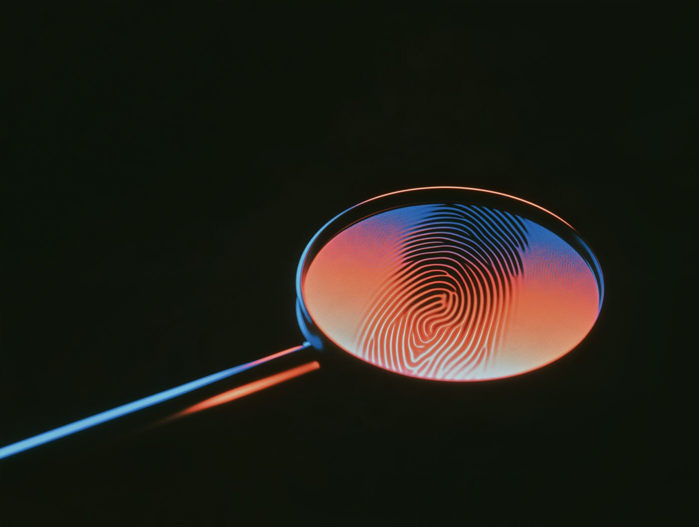 Magnifying glass enlarging a fingerprint illuminated in blue and orange against a dark background.